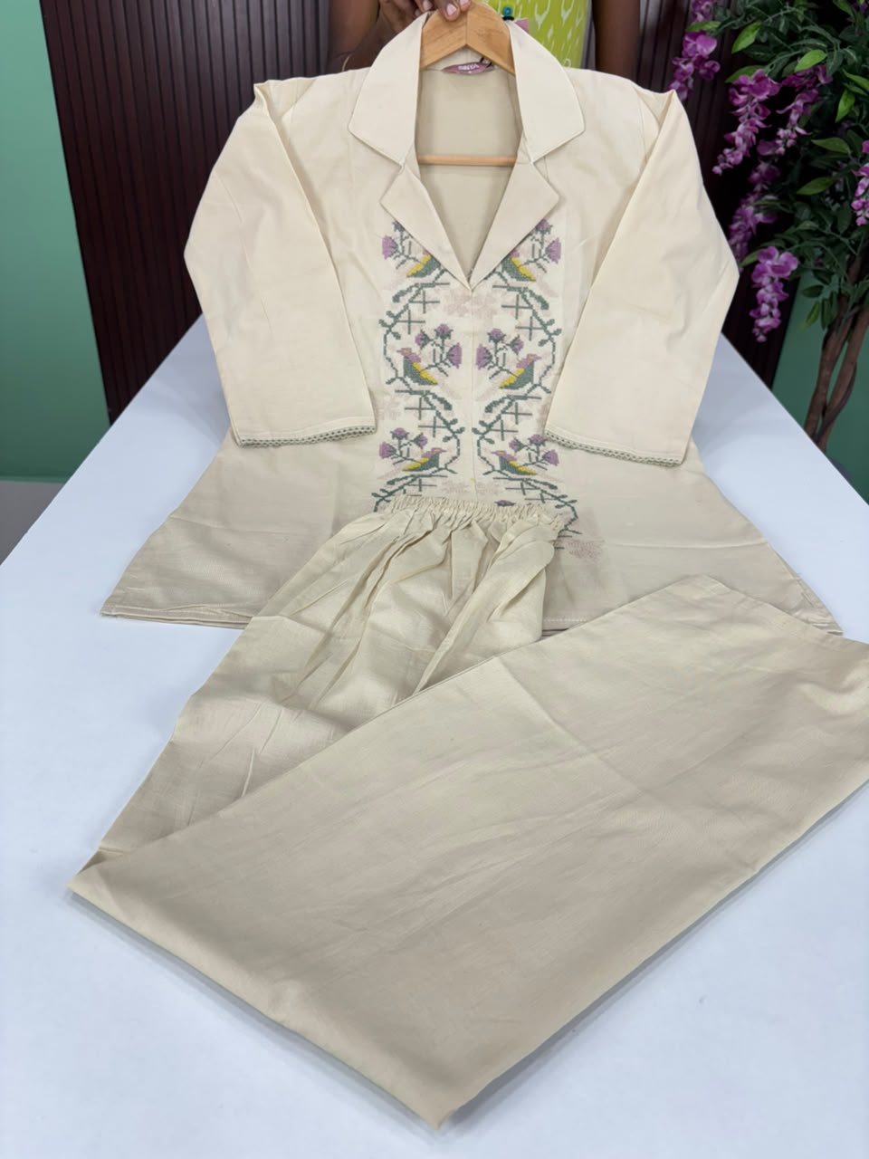 SS7144 Stylish Cotton Blend Co-ord Set - Beige