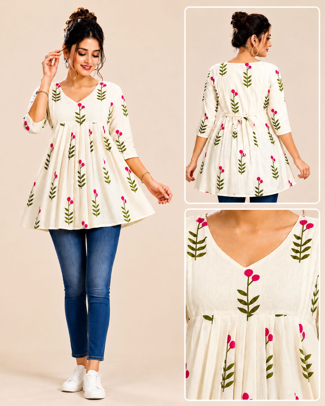SS7192 Trending Pink Blossom Design Mul Cotton Short Kurti