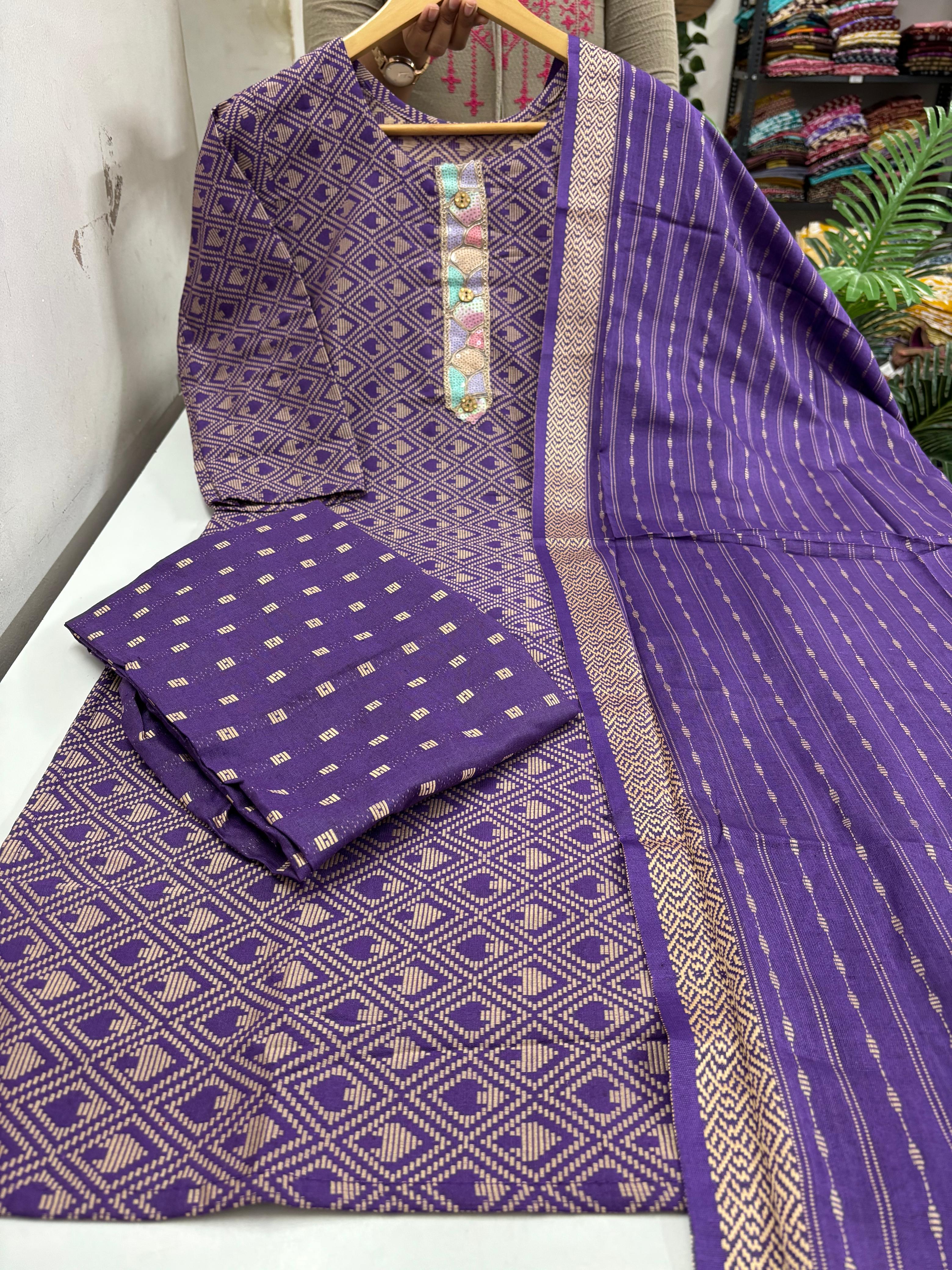 Handloom Cotton Kurti With Pant &  Dupatta Set