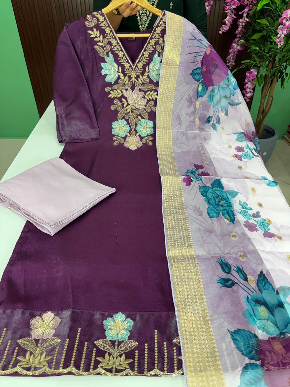 SS7301 Glass Tissue Silk Kurti With Pant & Dupatta Set