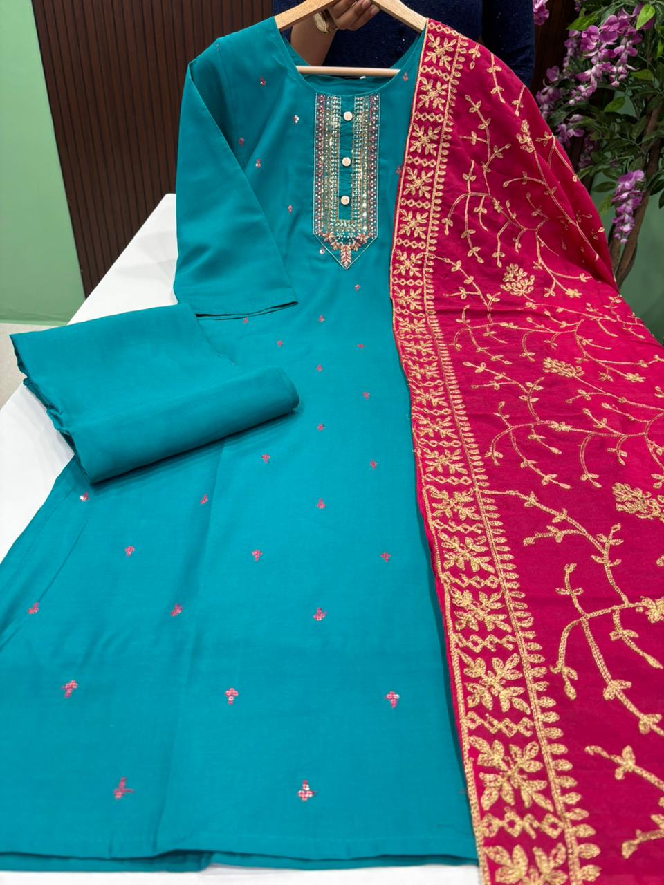 SS7306 Roman Silk Kurti With Pant & Dupatta Set