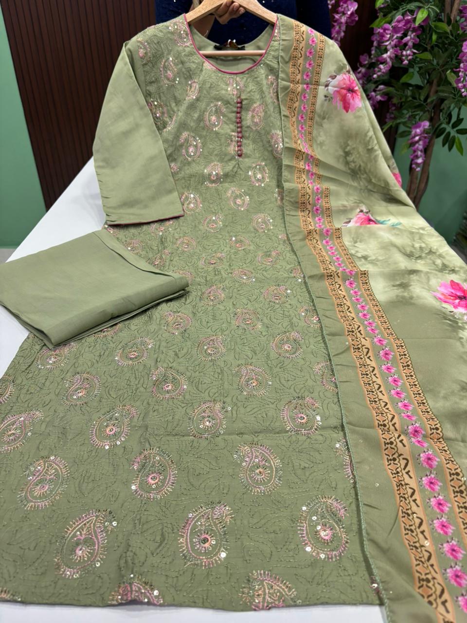 SS7308 Roman Silk Kurti With Pant & Dupatta Set
