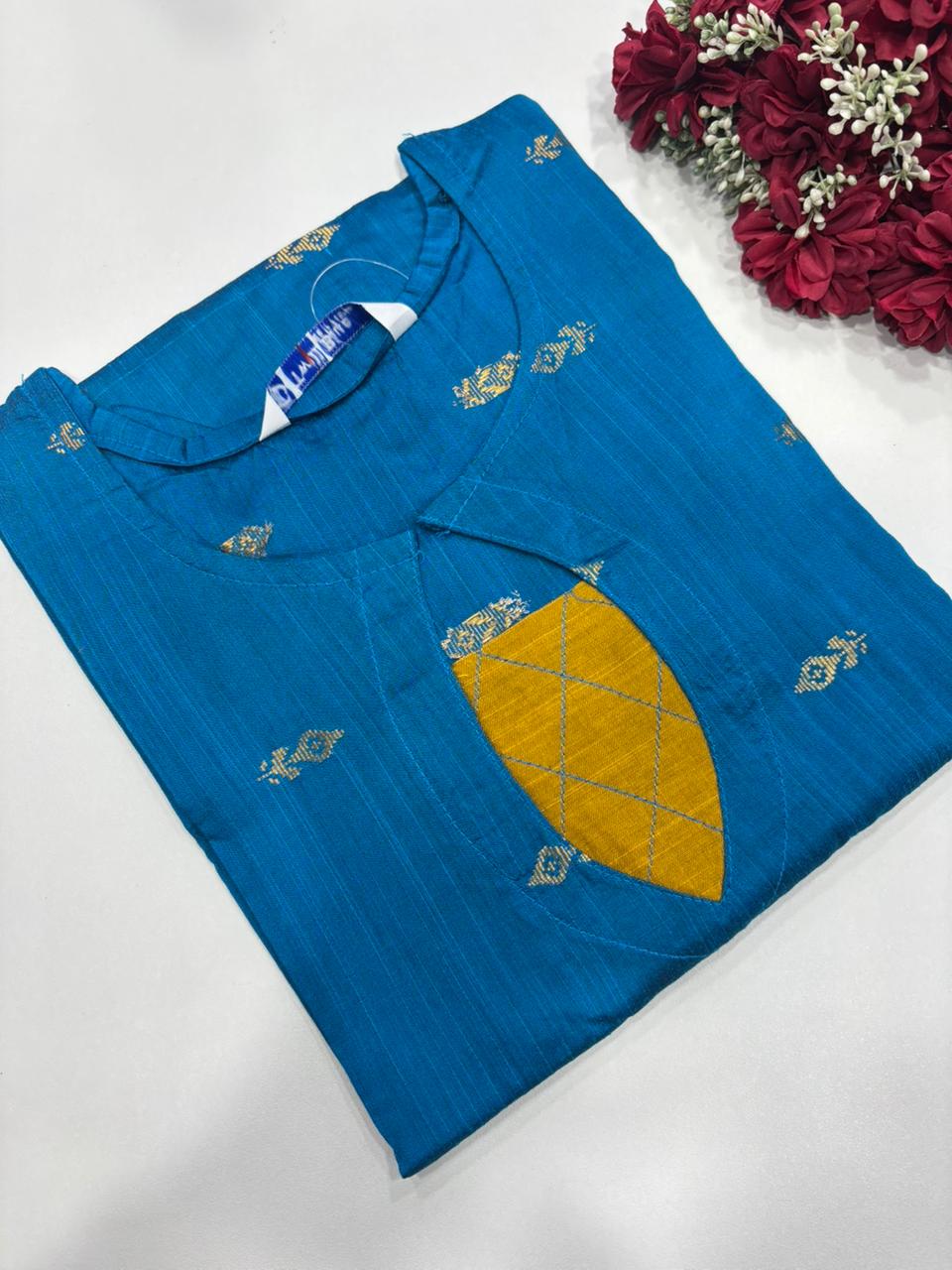 SS7311 Premium Slub Silk Kurti - PETROL BLUE