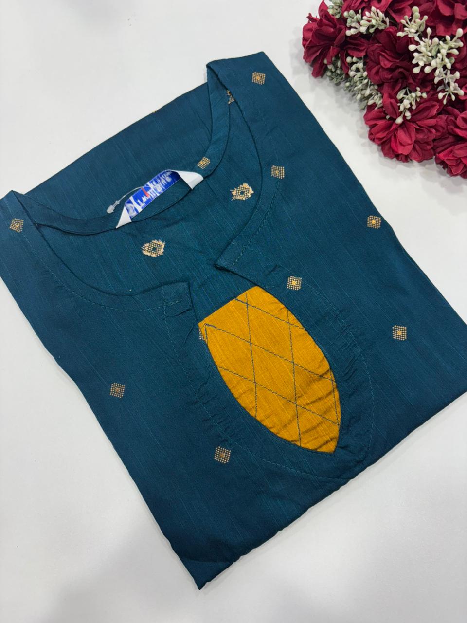 SS7310 Premium Slub Silk Kurti - PEACOCK BLUE