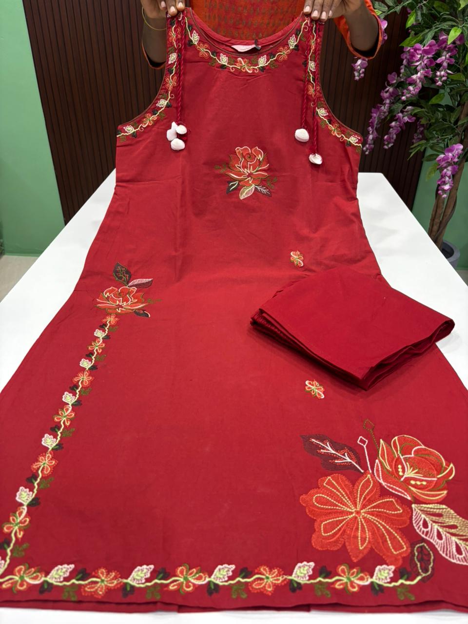 SS7343 Premium Embroidered Cotton Co-ord Set - RED