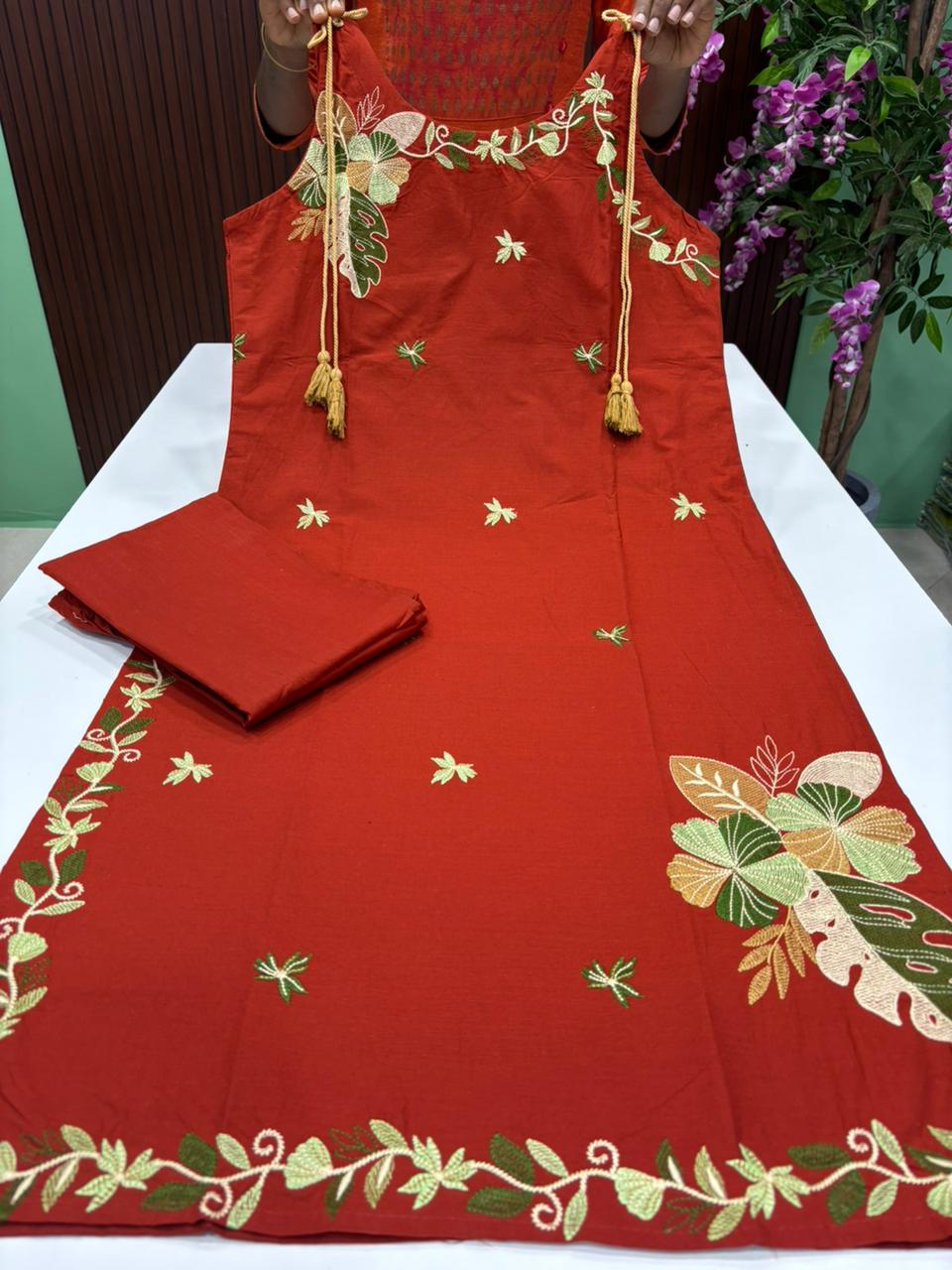 SS7340 Premium Embroidered Cotton Co-ord Set - RUST ORANGE