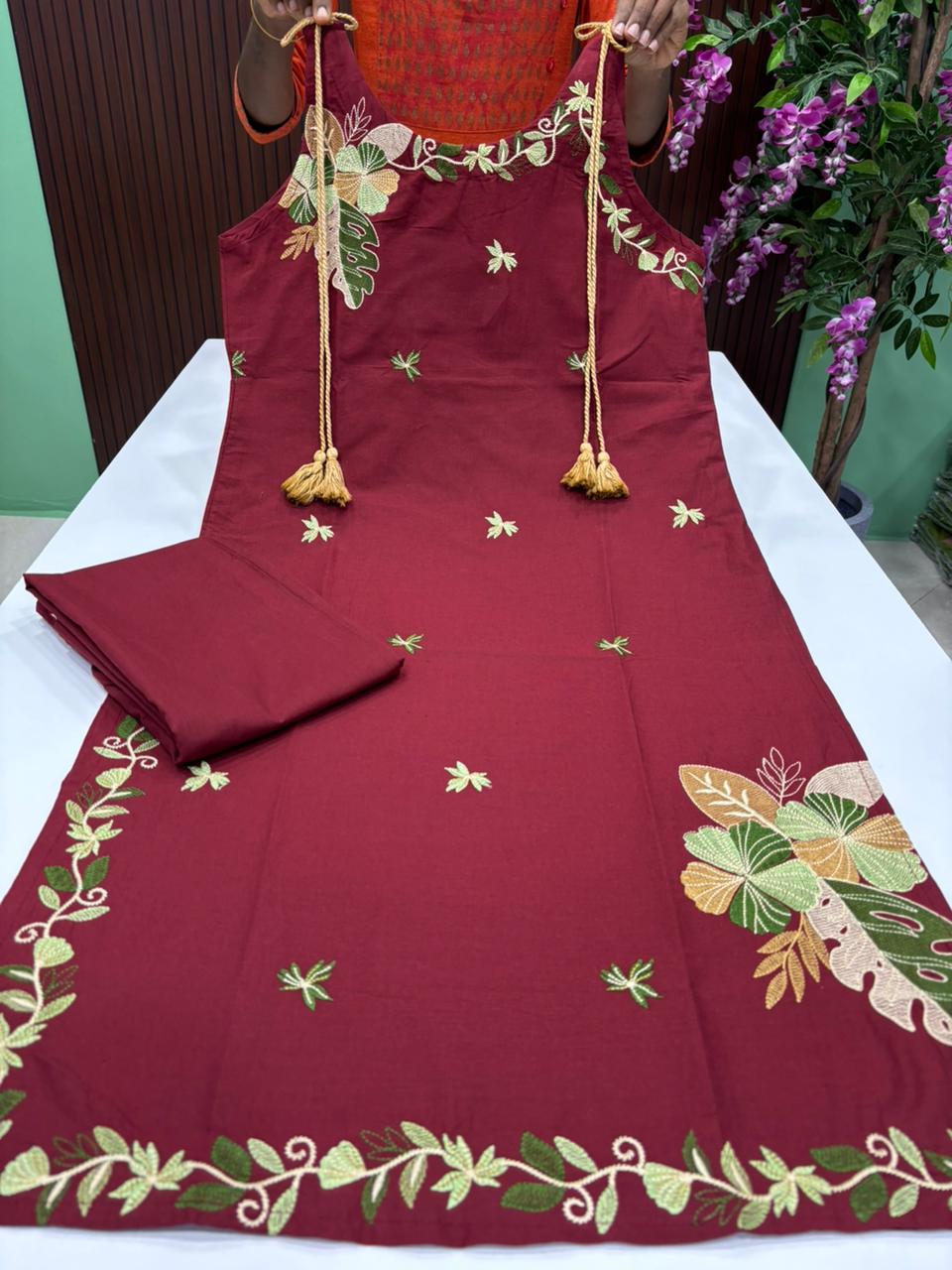 SS7346 Premium Embroidered Cotton Co-ord Set - DARK MAROON
