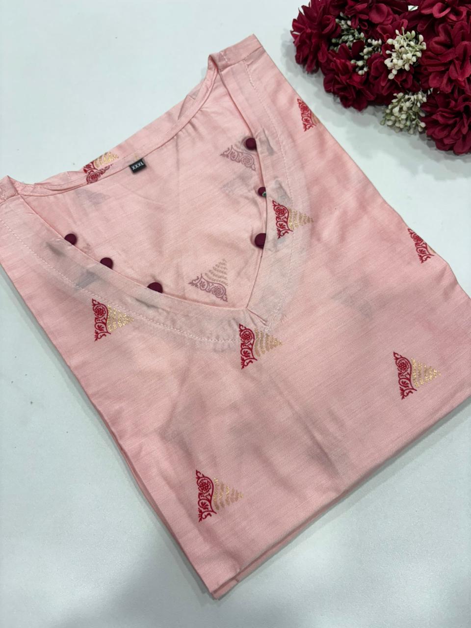 SS7356 Silk Printed Side Open Kurti - PINK
