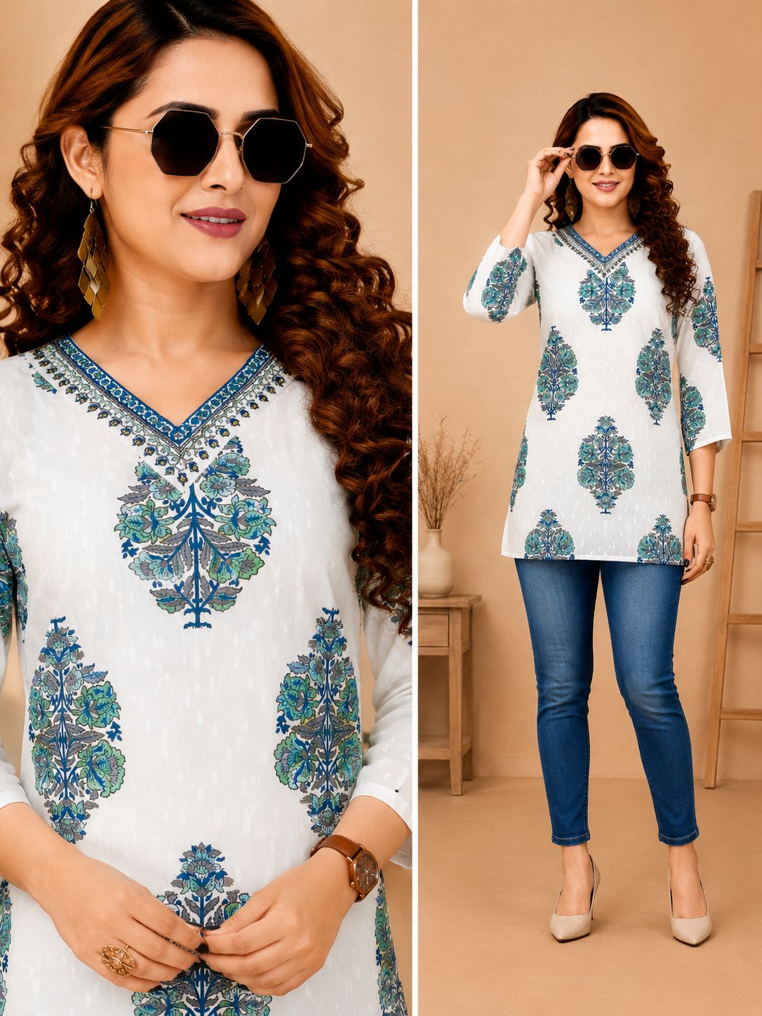SS7401 Trendy Ethnic Short Kurti - TEAL BLUE