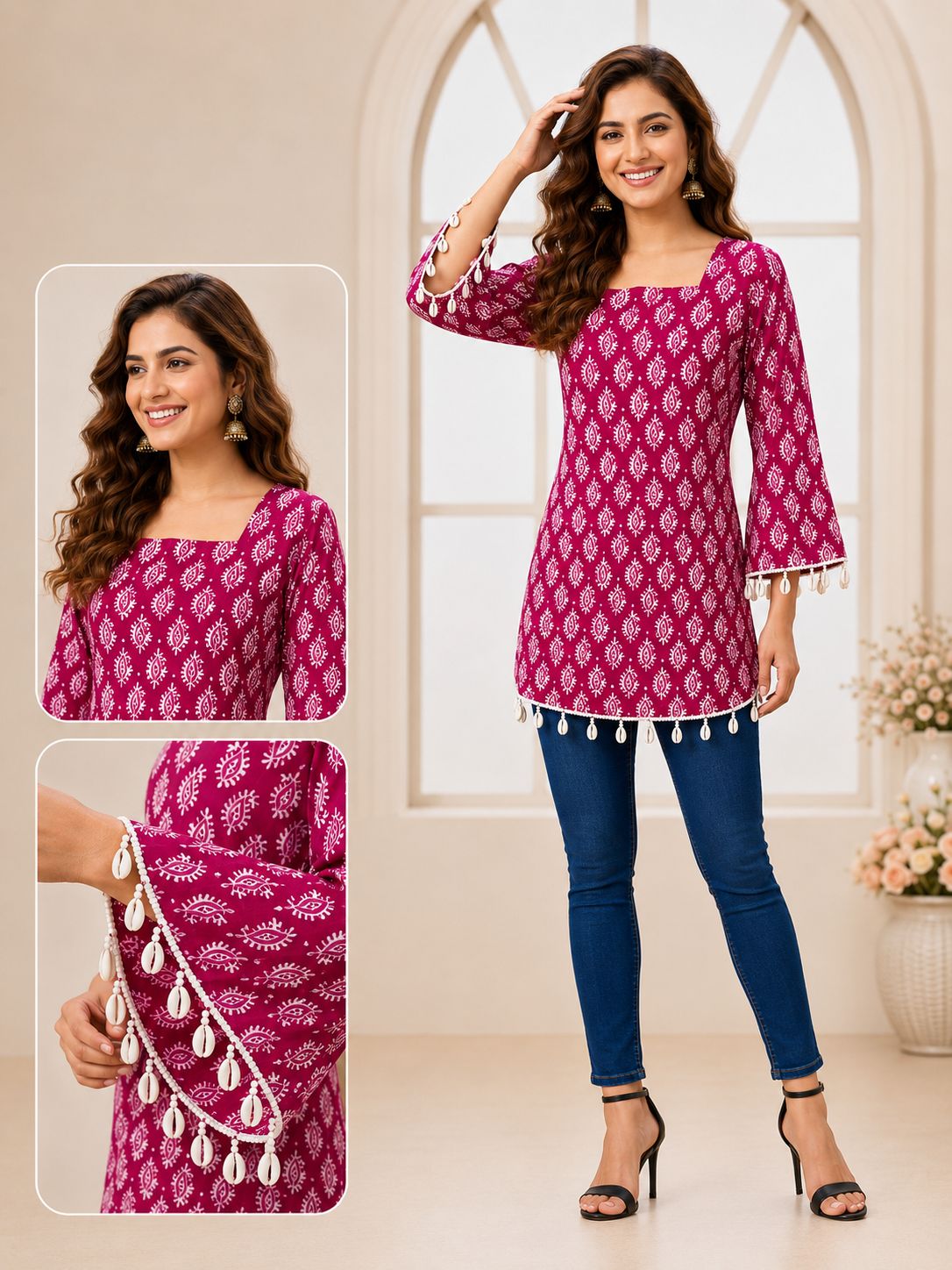 SS7405 Trendy Ethnic Cotton Short Kurti - PINK