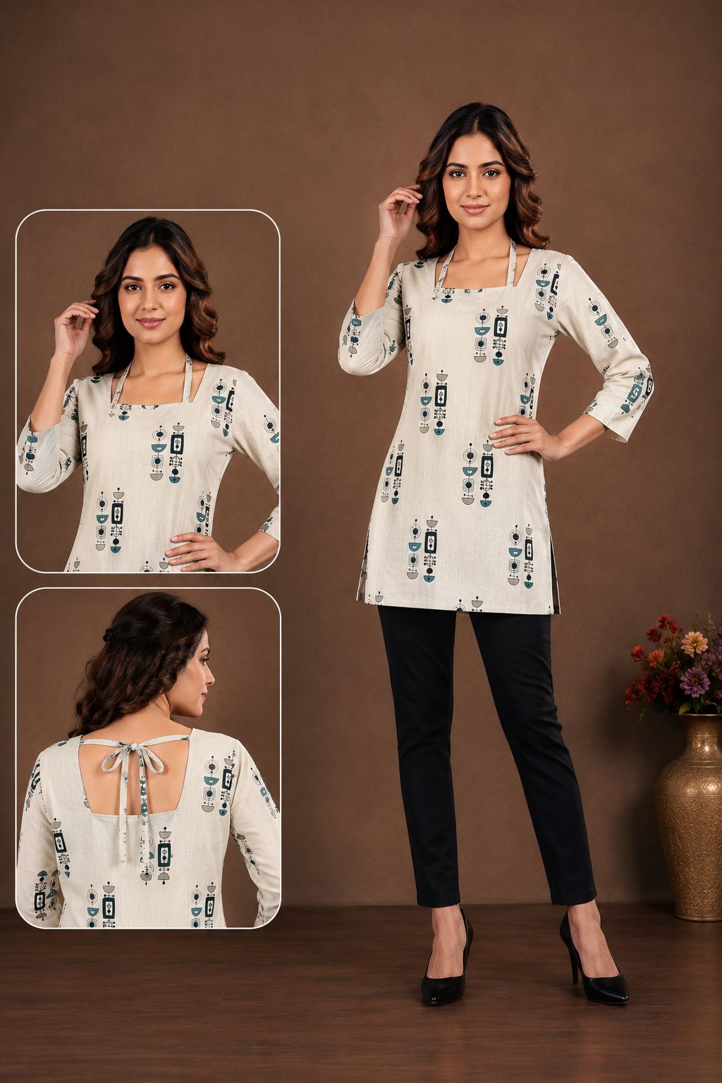 SS7399 Trendy Cotton Flex Short Kurti - TEAL BLUE