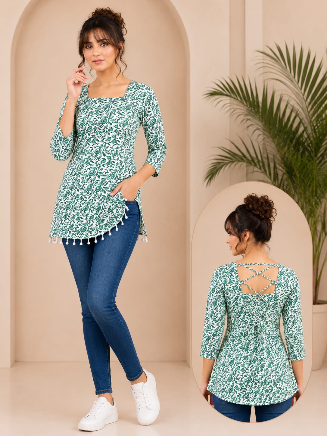SS7416 Trendy Ethnic Cotton Short Kurti - GREEN
