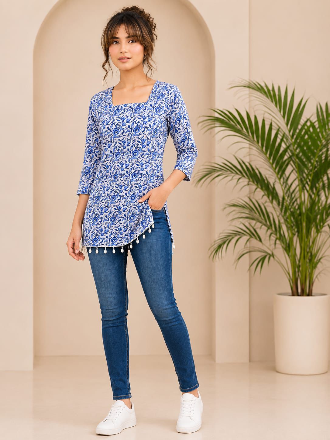SS7417 Trendy Ethnic Cotton Short Kurti - BLUE