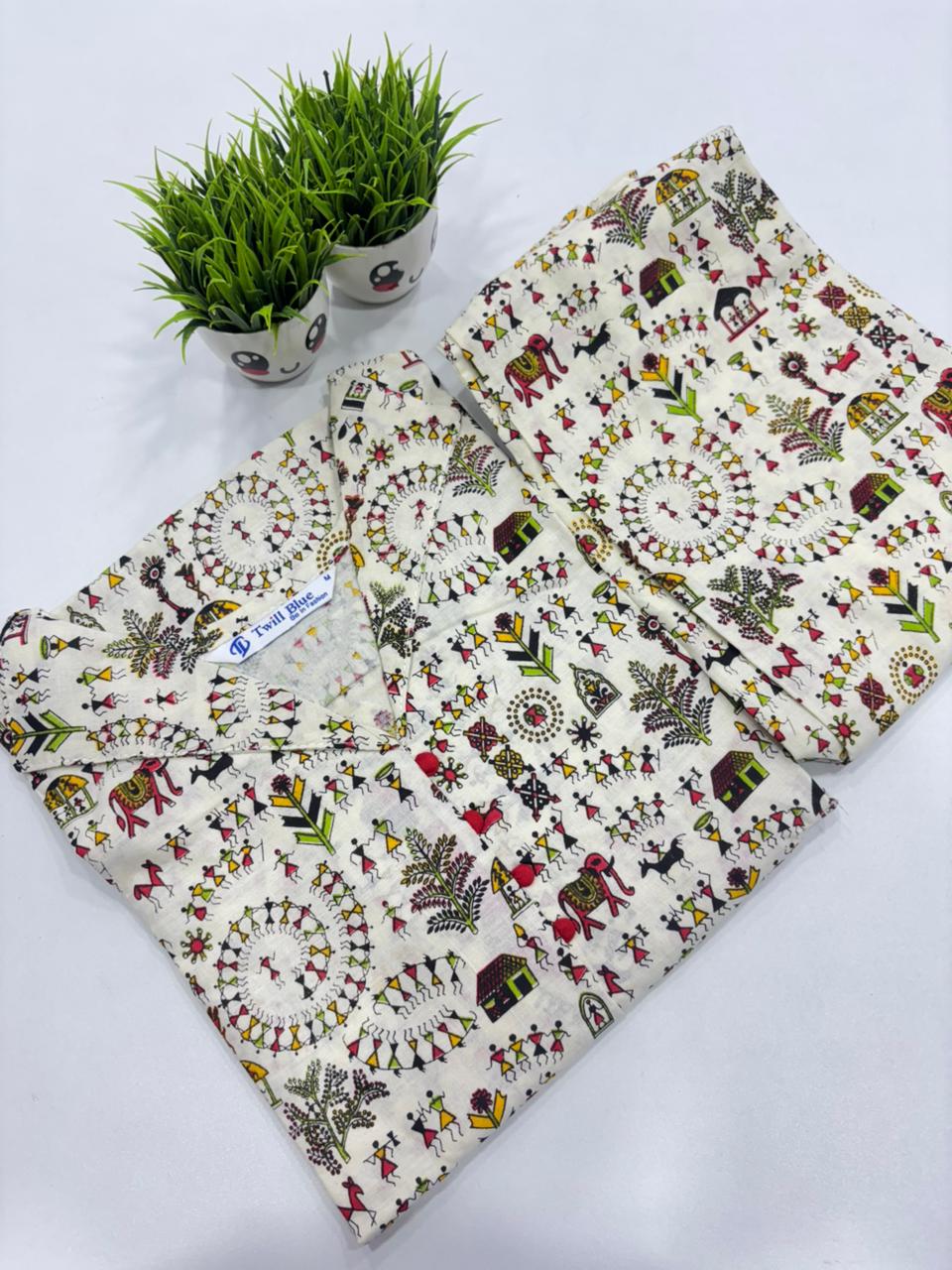 SS7480 Kalamkari Cotton Co-ord Set - WHITE WITH GREEN