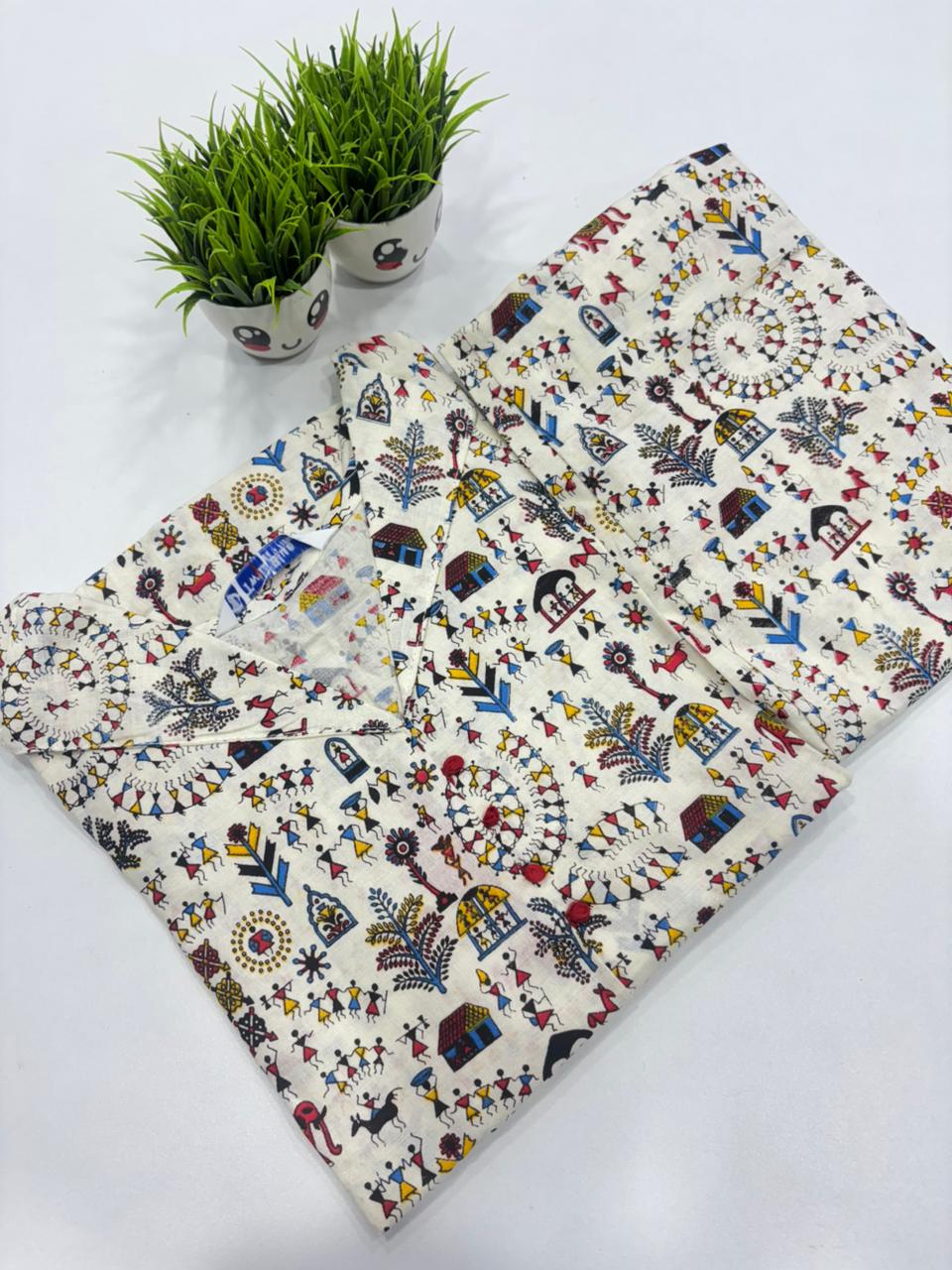SS7473 Kalamkari Cotton Co-ord Set - WHITE WITH BLUE