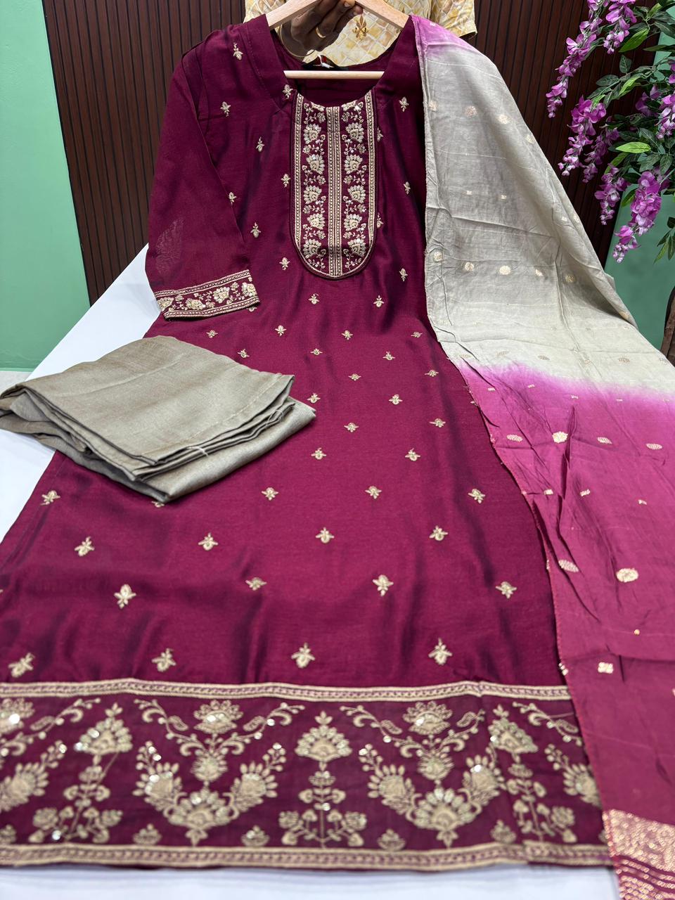 SS7482 Vichitra Silk Kurti With Pant & Dupatta Set