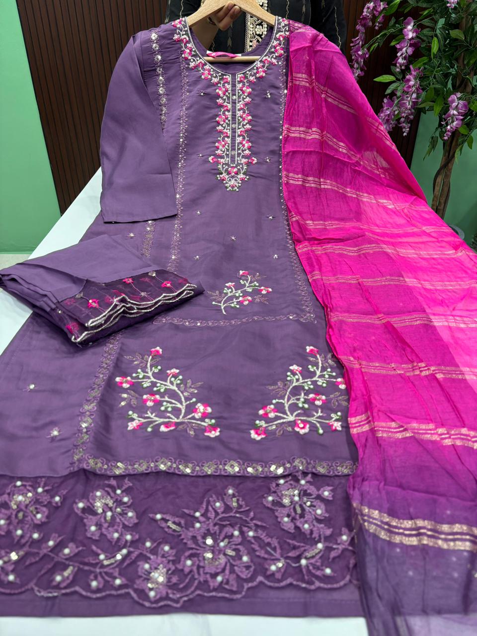 SS7483 Roman Silk Kurti With Pant & Dupatta Set