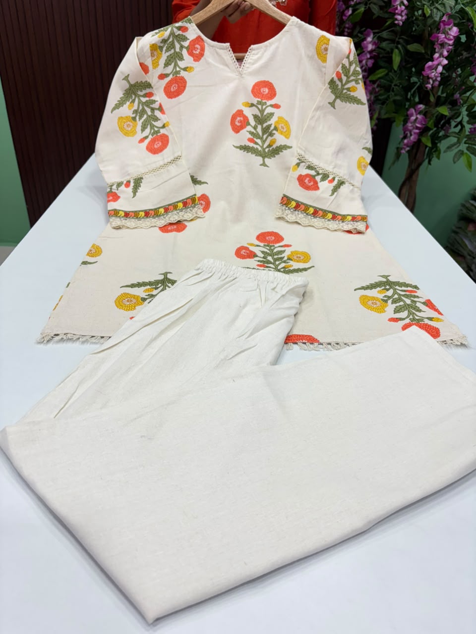 SS7565 Khadi Cotton Co-ord Set - Orange With Yellow
