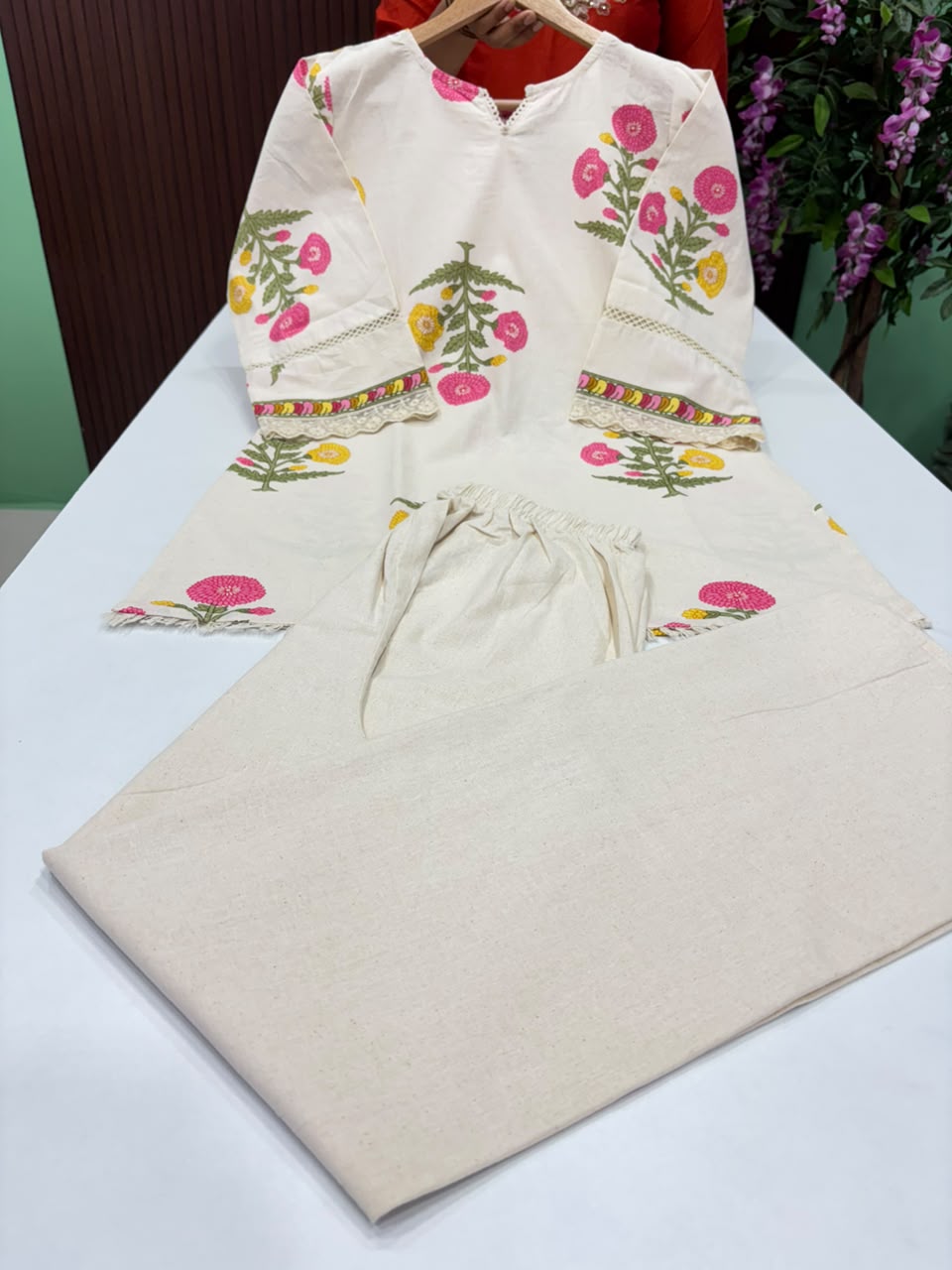 SS7565 Khadi Cotton Co-ord Set - Pink With Yellow