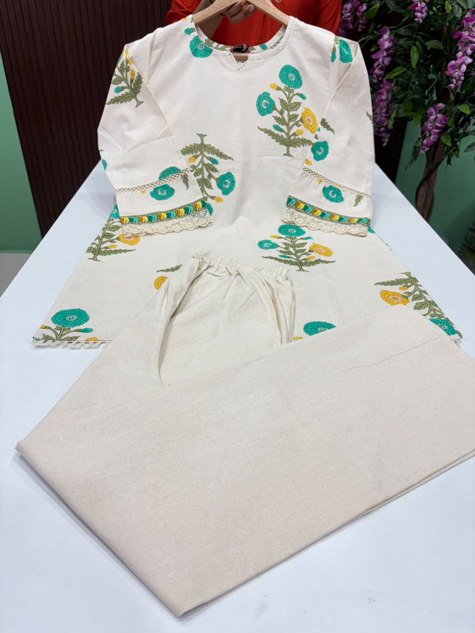 SS7563 Khadi Cotton Co-ord Set - Green With Yellow