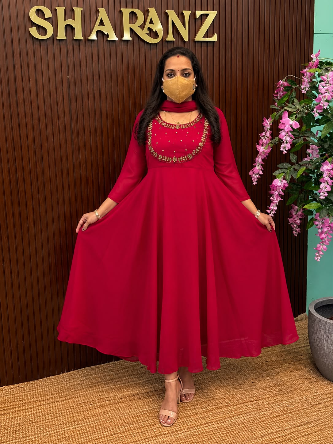 SS7550 Georgette Umbrella Kurti With Dupatta Set - Magenta pink - Double Layer