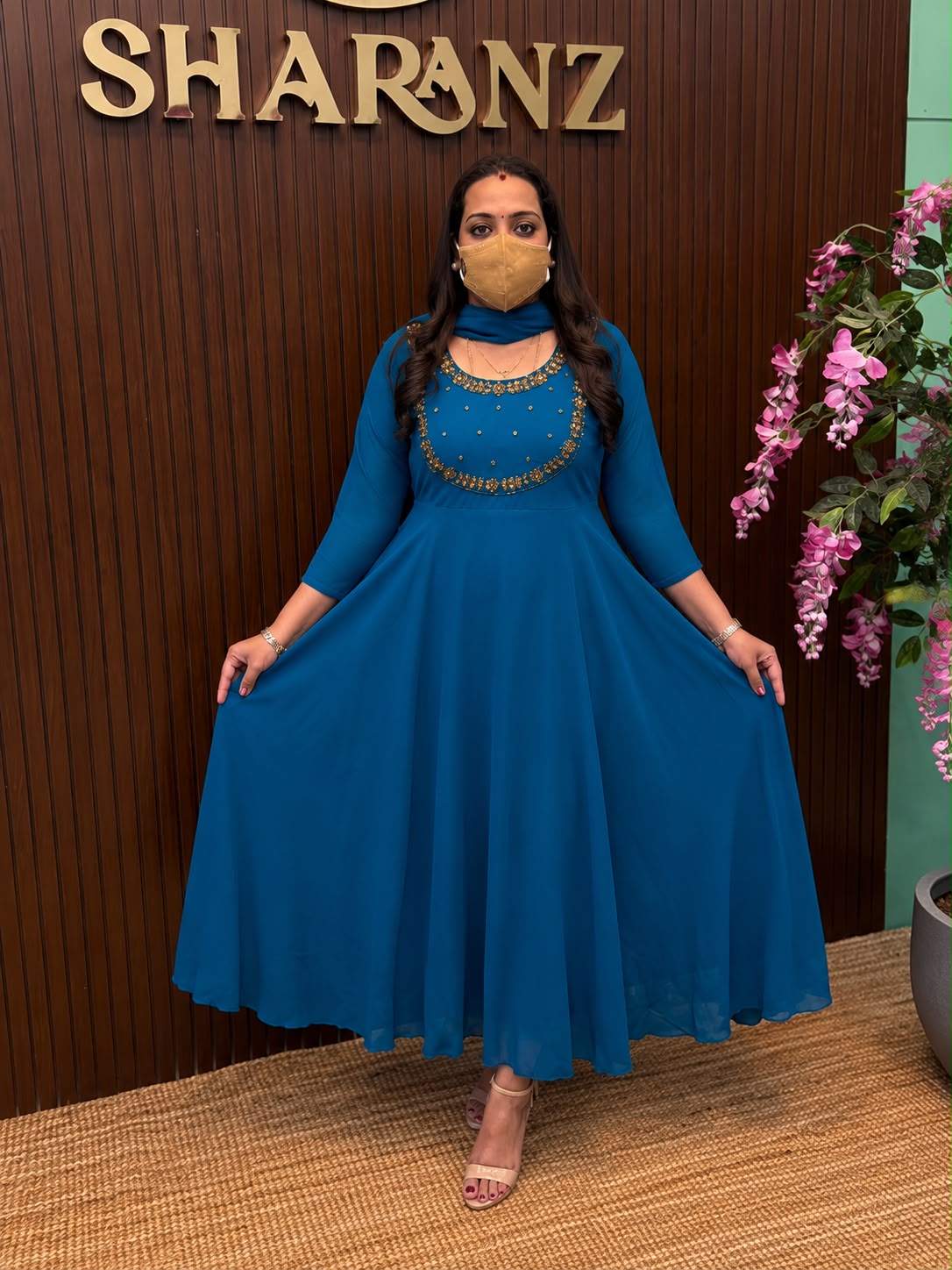SS7551 Georgette Umbrella Kurti With Dupatta Set - Rama Green - Double Layer