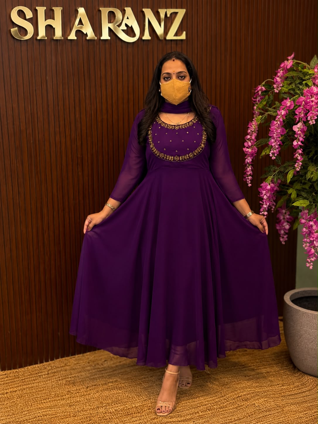 SS7549 Georgette Umbrella Kurti With Dupatta Set - Wine - Double Layer