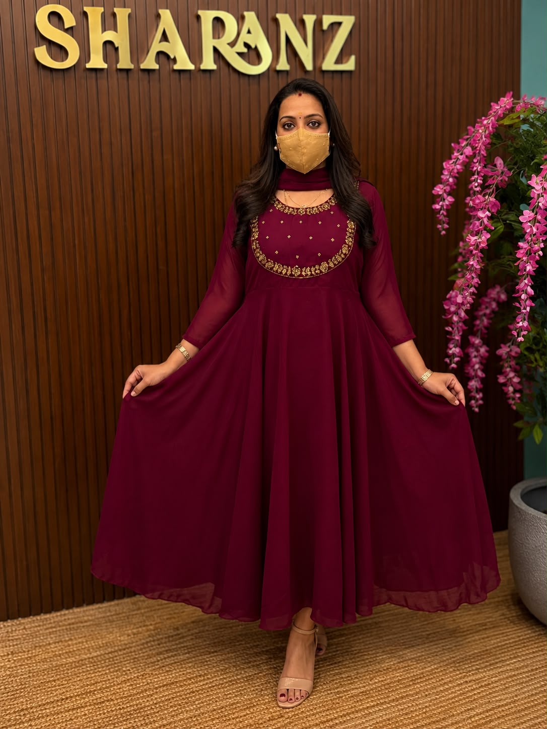 SS7547 Georgette Umbrella Kurti With Dupatta Set - maroon - Double Layer