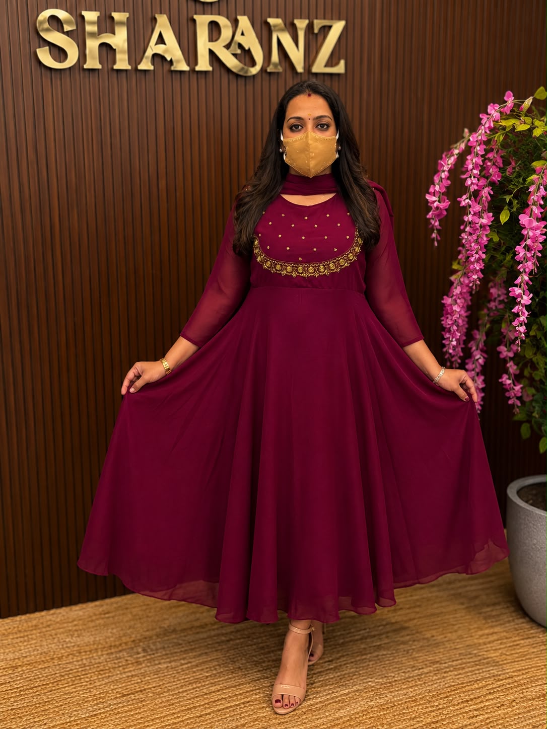 SS7553 Georgette Umbrella Kurti With Dupatta Set - Maroon - Single Layer