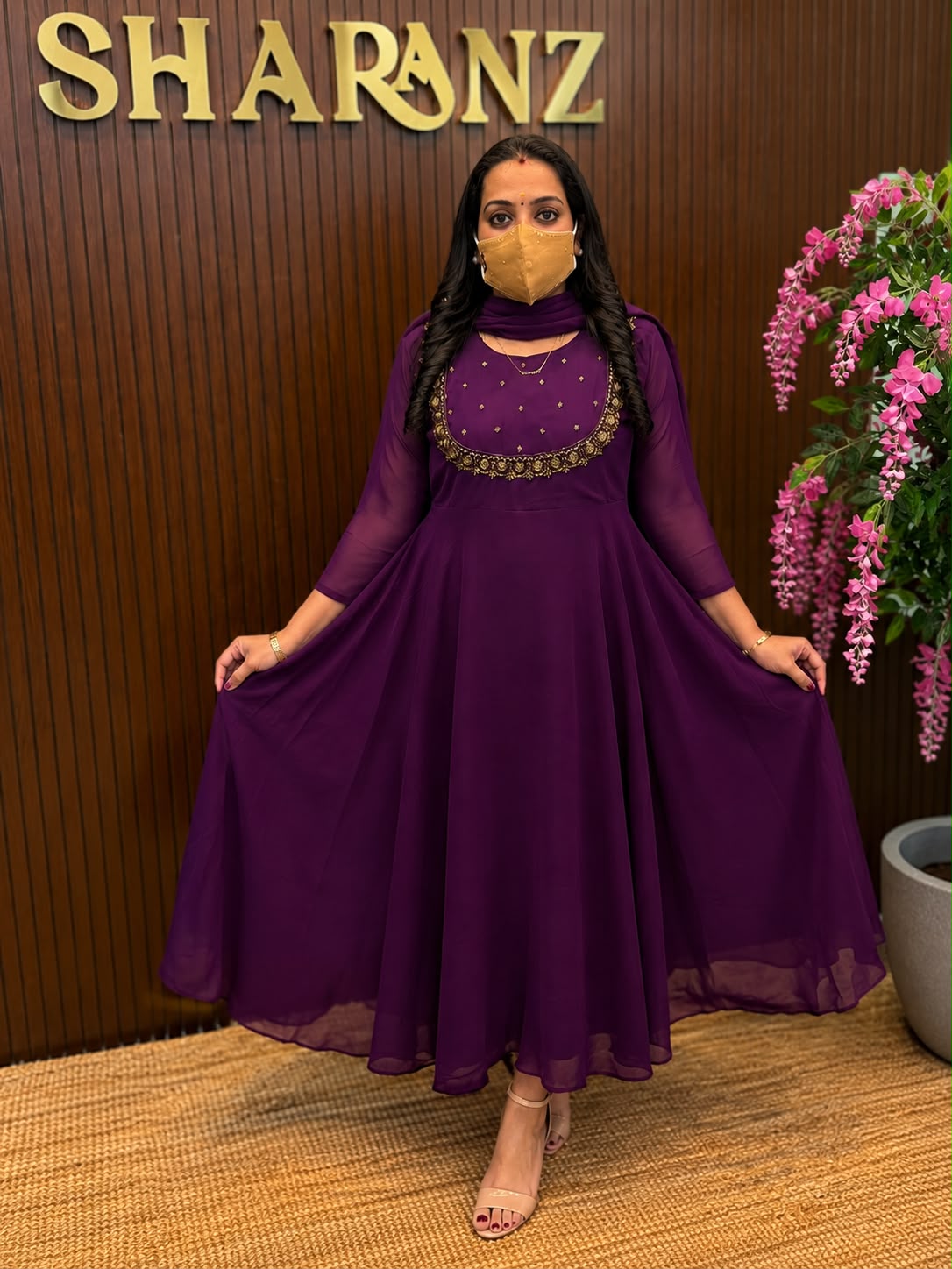 SS7552 Georgette Umbrella Kurti With Dupatta Set - Wine - Single Layer