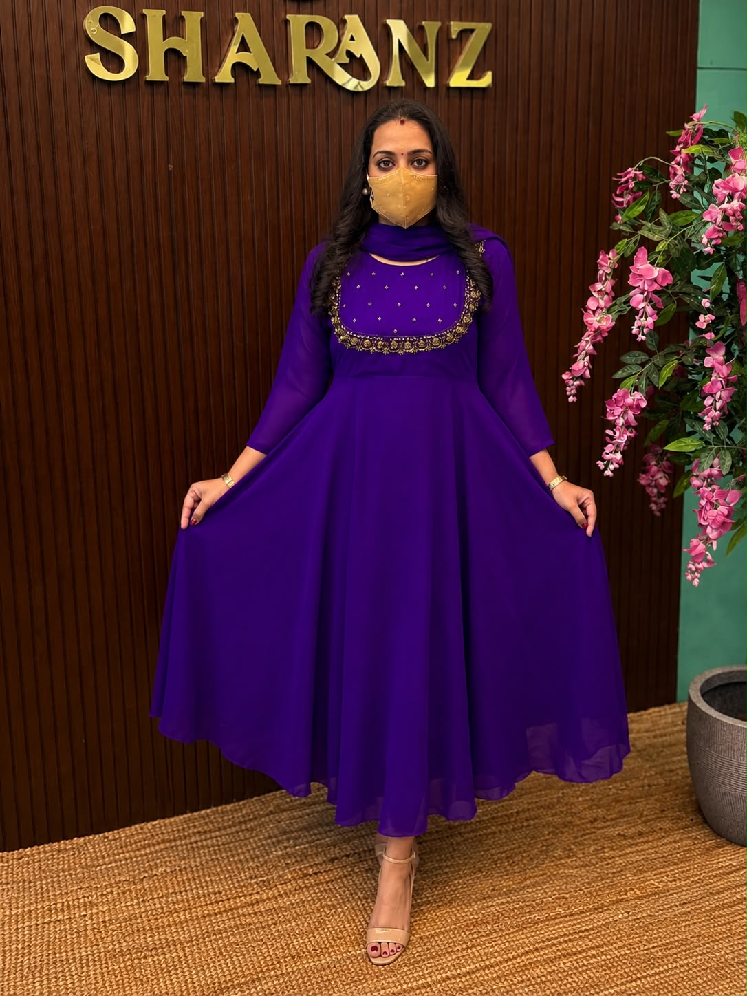 SS7555 Georgette Umbrella Kurti With Dupatta Set - Voilet - Single Layer