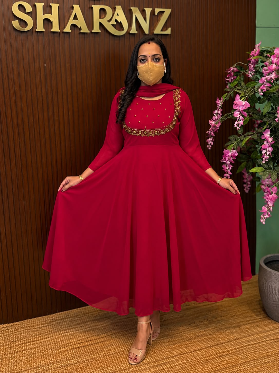 SS7554 Georgette Umbrella Kurti With Dupatta Set - Magenta Pink - Single Layer