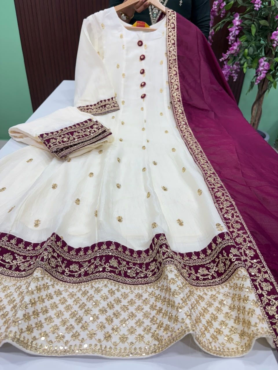 SS7649 Premium Vichitra Silk Anarkali Suit - Wine