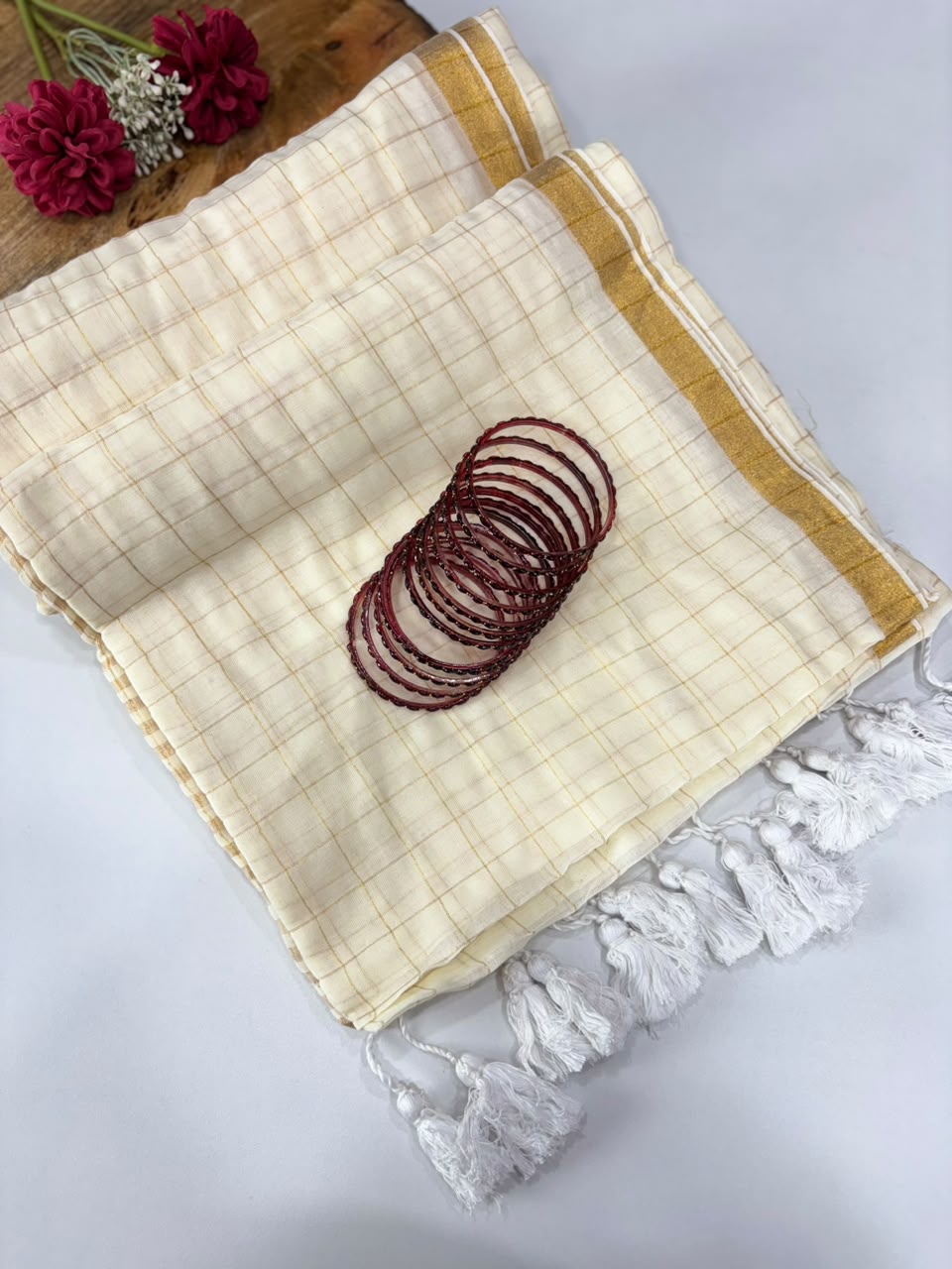SS7710 Premium Mul Cotton Zari Check Saree