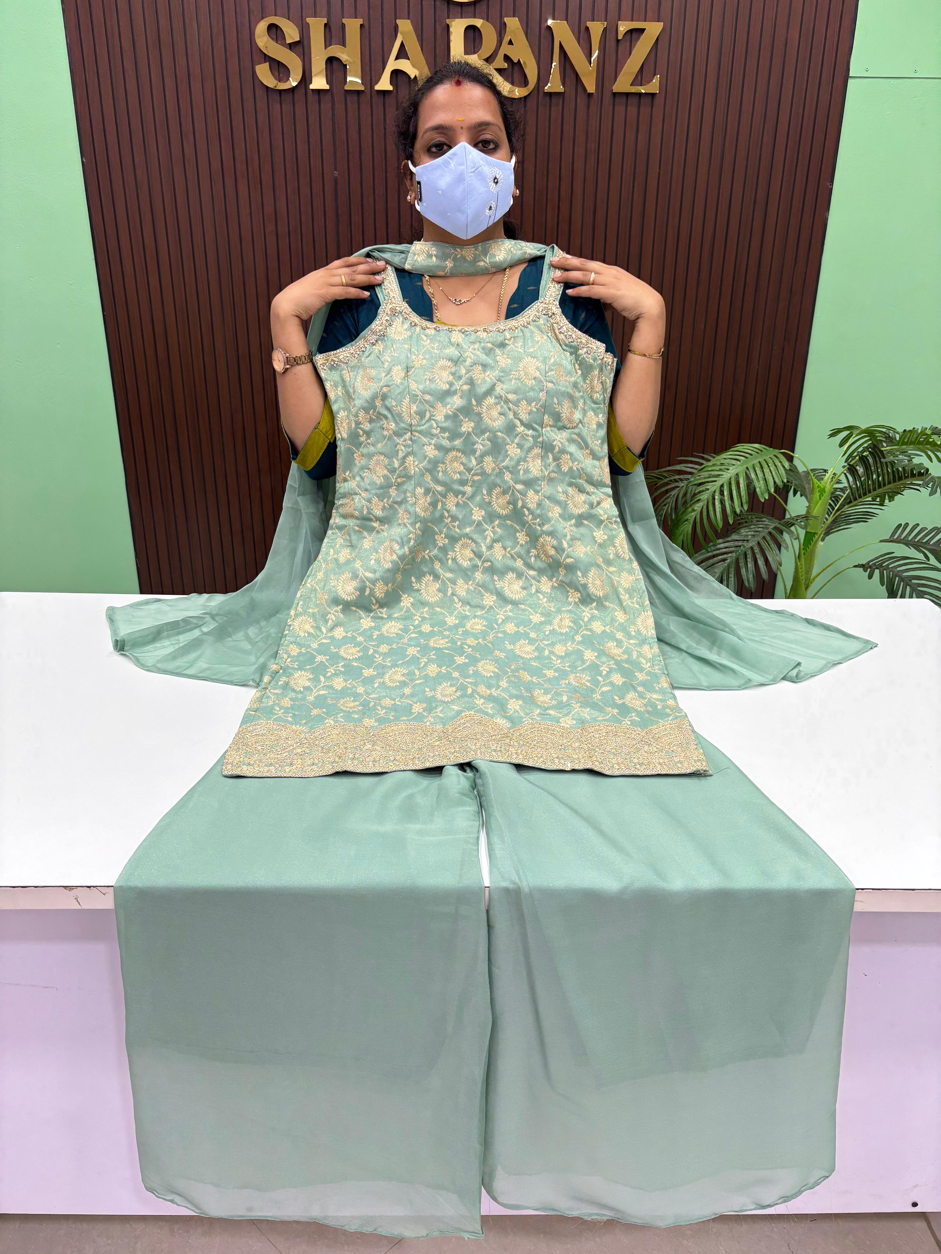 Brocade Banarasi Spaghetti Style Sharara Suit - Sleeveless