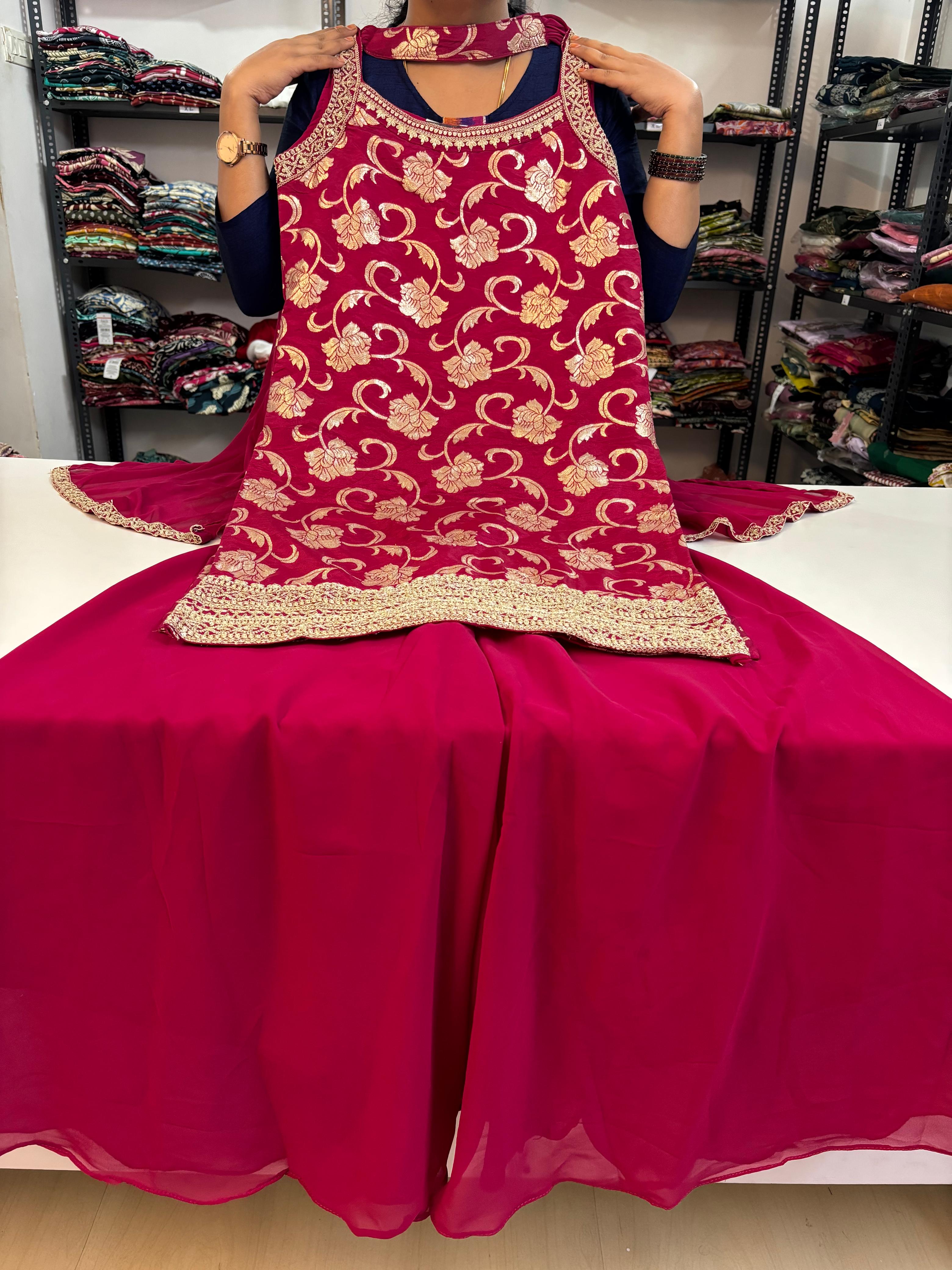 Brocade Banarasi Floral Spaghetti Style Sharara Suit