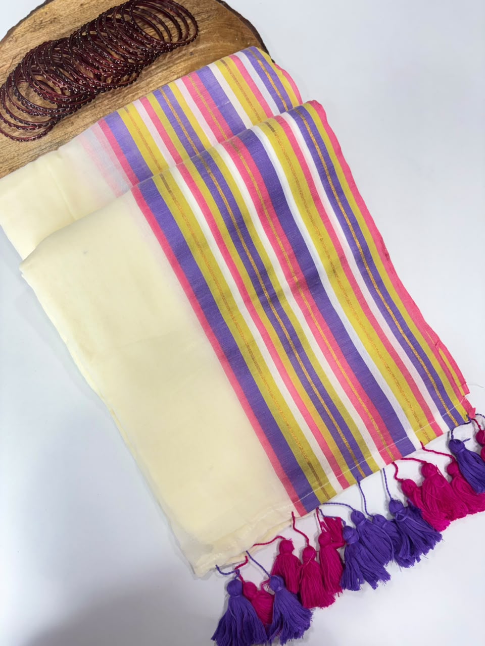 SS7807 Premium Mul Cotton Saree with Multi Stripes Border
