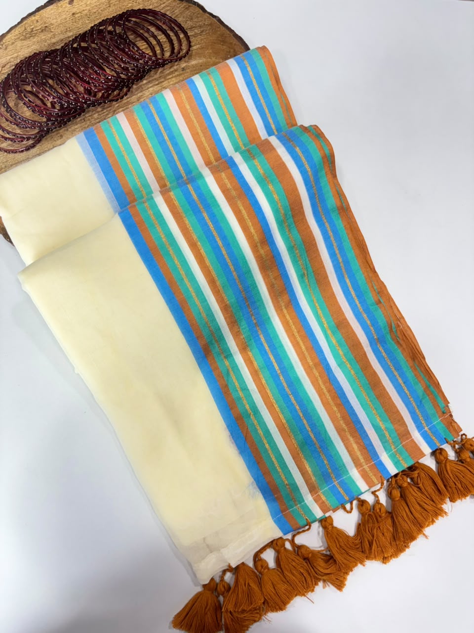 SS7812 Premium Mul Cotton Saree with Multi Stripes Border