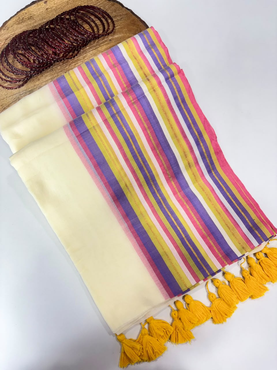 SS7810 Premium Mul Cotton Saree with Multi Stripes Border