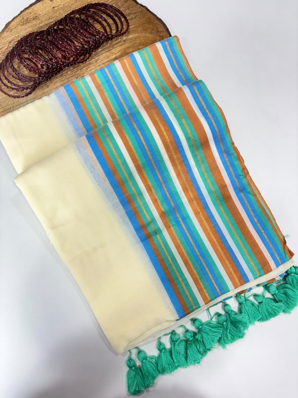 SS7811 Premium Mul Cotton Saree with Multi Stripes Border