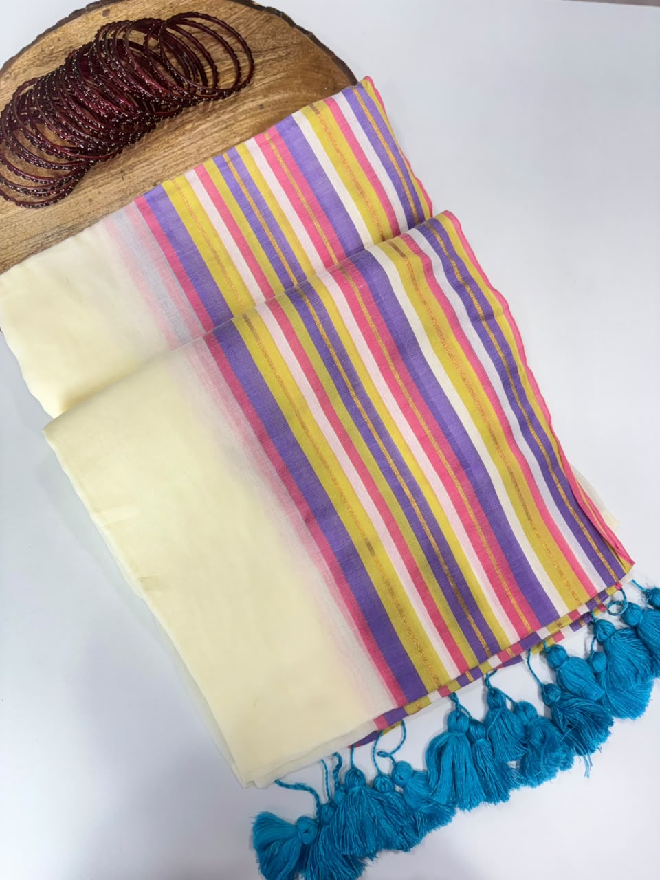 SS7815 Premium Mul Cotton Saree with Multi Stripes Border