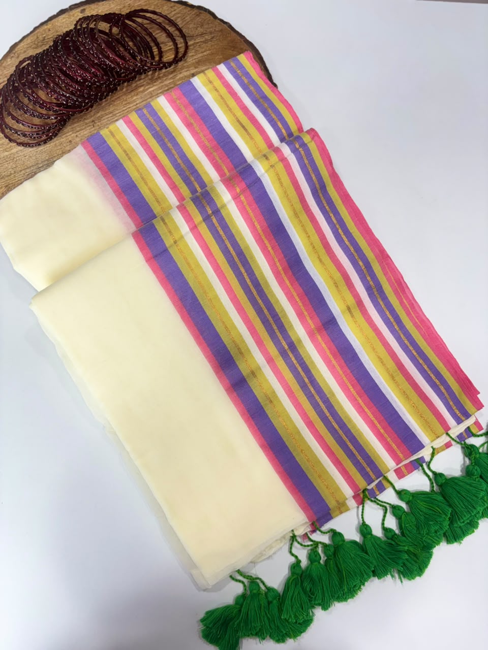 SS7814 Premium Mul Cotton Saree with Multi Stripes Border