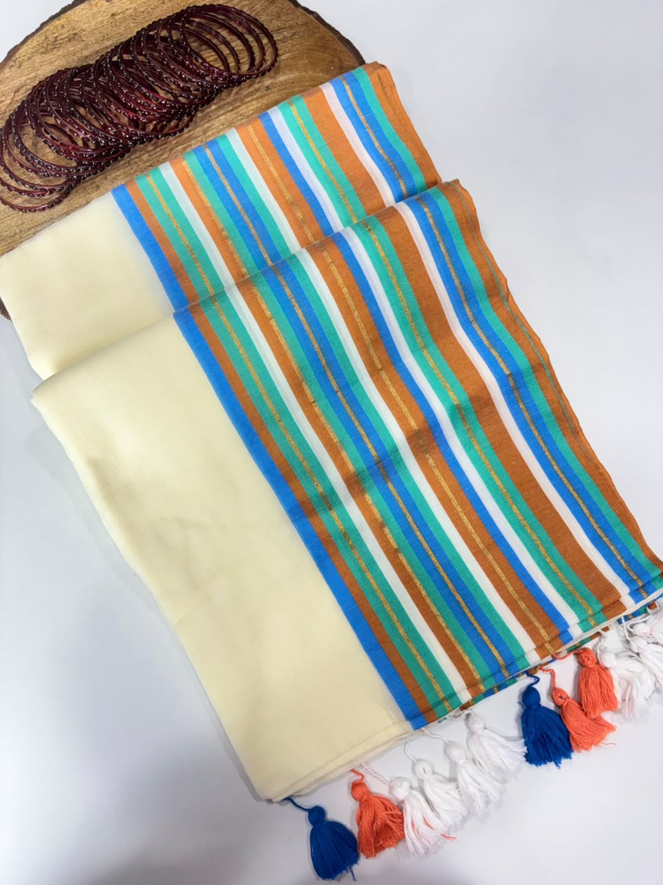 SS7813 Premium Mul Cotton Saree with Multi Stripes Border