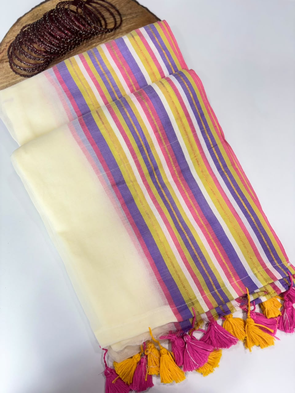 SS7816 Premium Mul Cotton Saree with Multi Stripes Border