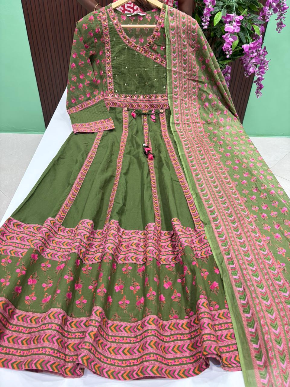 SS7843 Full Length Cotton Anarkali Dupatta Set