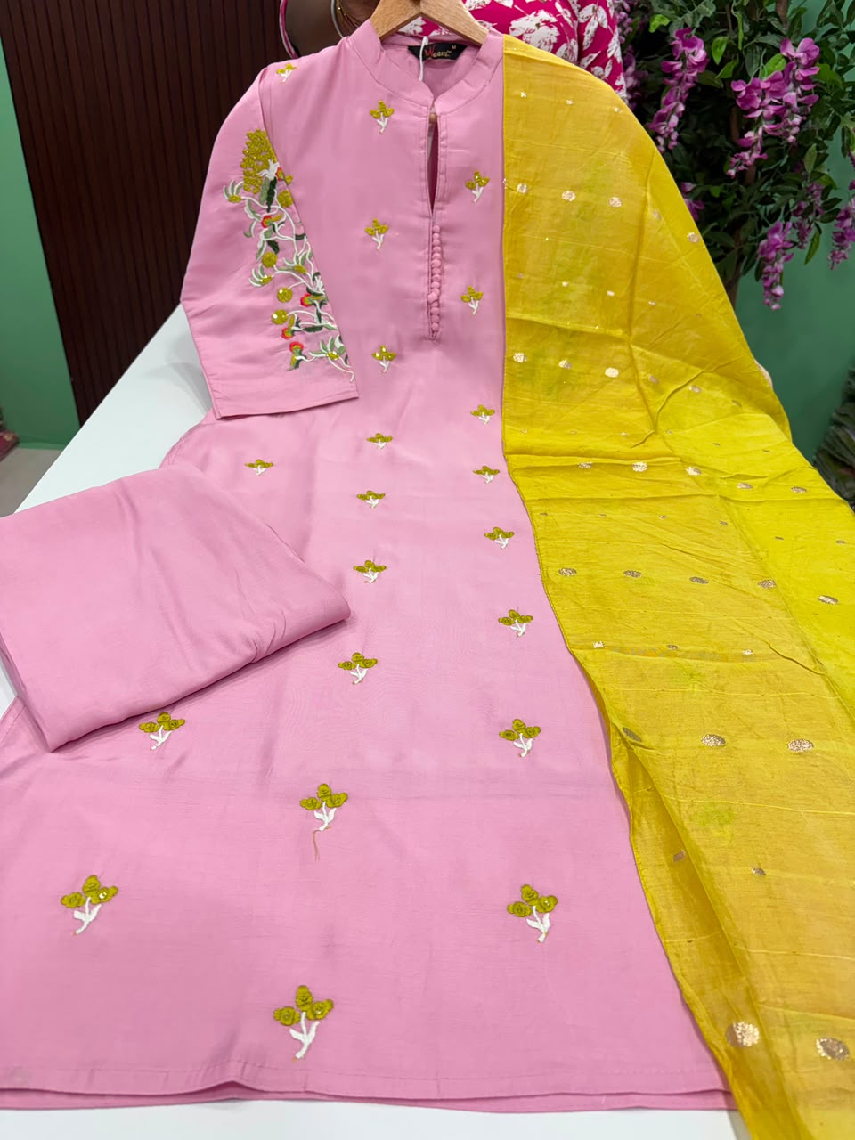 SS7876 Premium Roman Silk Kurti With Pant & Dupatta Set