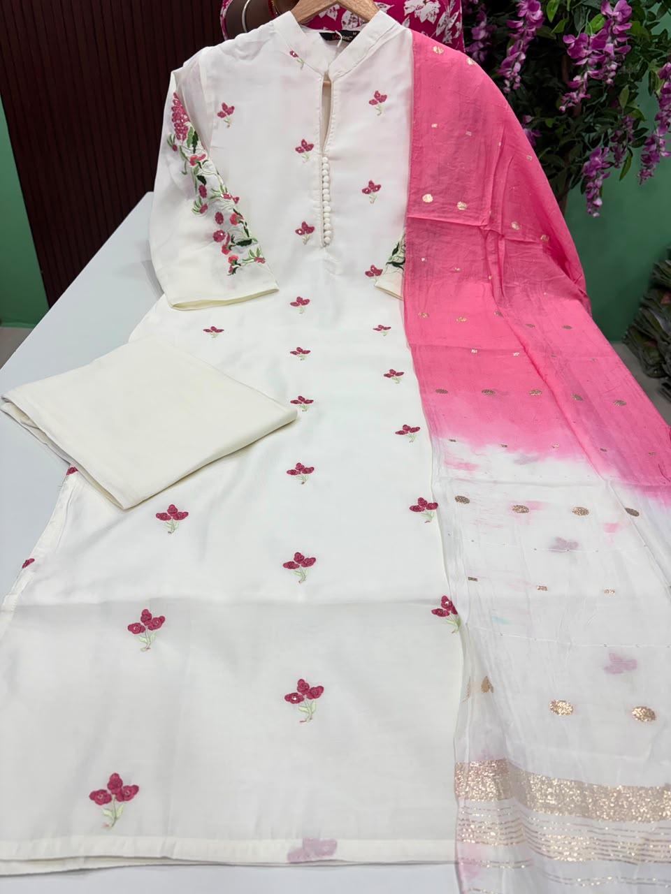 SS7875 Premium Roman Silk Kurti With Pant & Dupatta Set