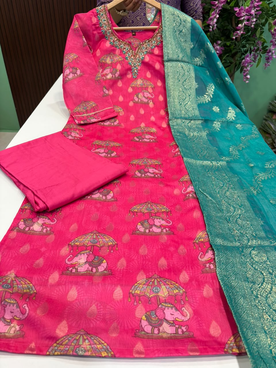 SS7877 Premium Tissue Silk Kurti With Pant & Dupatta Set