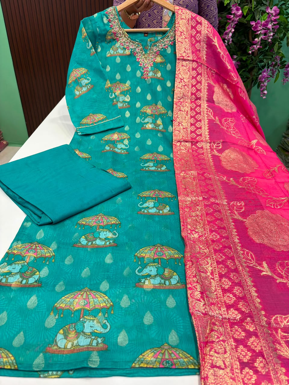 SS7878 Premium Tissue Silk Kurti With Pant & Dupatta Set