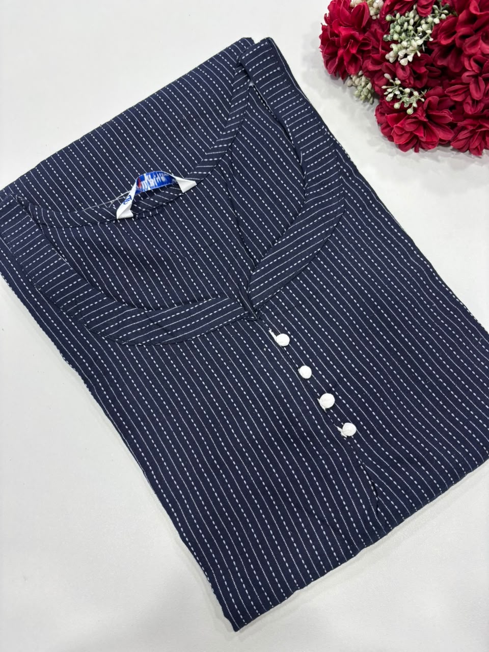 Kantha Stitch Cotton Kurti - NAVY BLUE